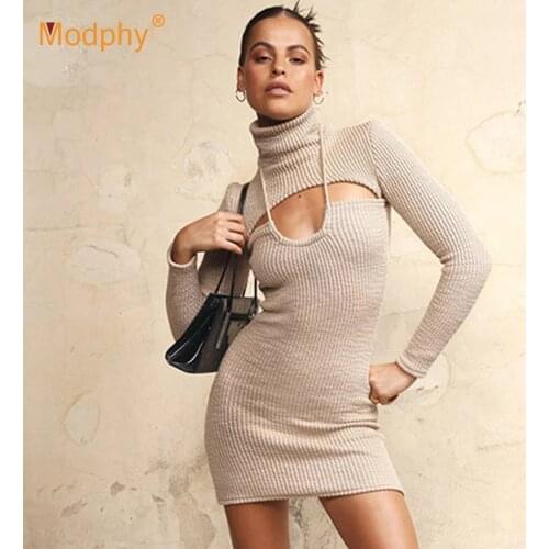 Free Shipping Womens High Neck Pullover Stretch Dress Sexy Long Sleeve Hollow Bodycon Mini Dress Female Club Party Vestidos