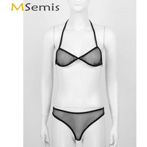 Womens Fetish See Through Fishnet Nightwear Sexy Sissy Bikinis Lingerie Set Sheer Mesh Bra Top with Crotchless Open Butt Briefs