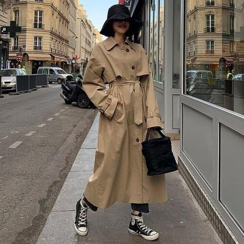 Womens Spring Autumn Coat Tops Korean-style Waist Hugging Mid-length Over-the-Knee Pure Cotton High Quality Women Trench Coat
