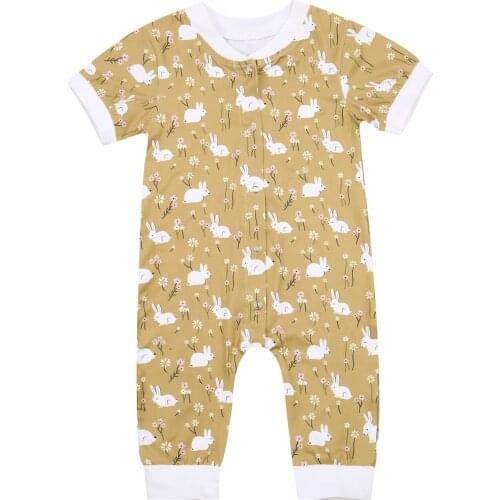 2021 Summer Babies Casual Short Sleeve Jumpsuit Grass Green Rabbit and Floral Printed Pattern Round Collar Hot Sale