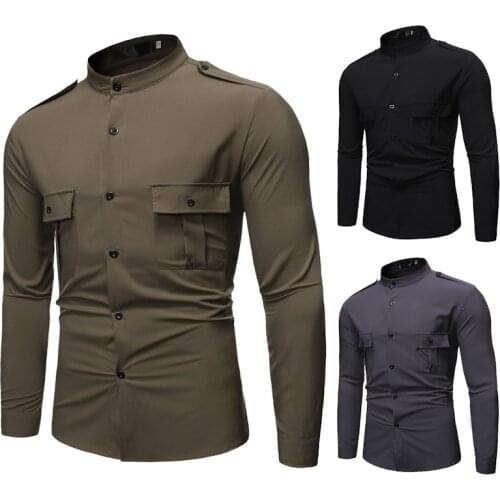 2021 pocket button decoration fashion slim simple base solid color long-sleeved shirt mens shirt