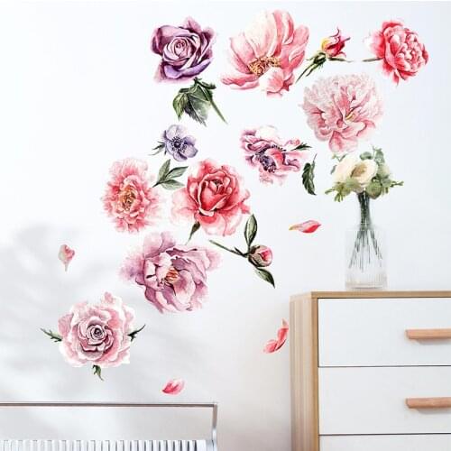 Watercolor Peony Flowers Wall Sticker Living Room Decoration Art Decal Poster Bedroom Warm Wallpaper Room Decor