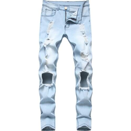 New mens male trousers European American new style ripped denim elastic foot zipper fashion light blue fashion pants