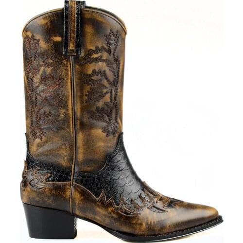 FootCourt- Brown Genuine Leather Cowboy Boots Polished Leather Embroidered Pointed Toe Boots Mid-Calf Boots Handmade