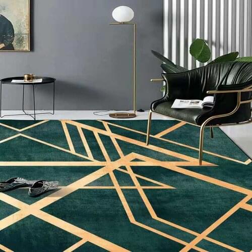 Retro American Style Carpet For Living Room Light Luxury Green Gold Line Decoration Mat In Bedroom Bedside Soft Non-slip Carpet