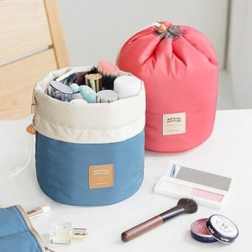 Hot sales Women Barrel Shaped Travel Cosmetic Bag Female Nylon Drawstring Elegant Drum Wash Bags Makeup Organizer Storage Bag