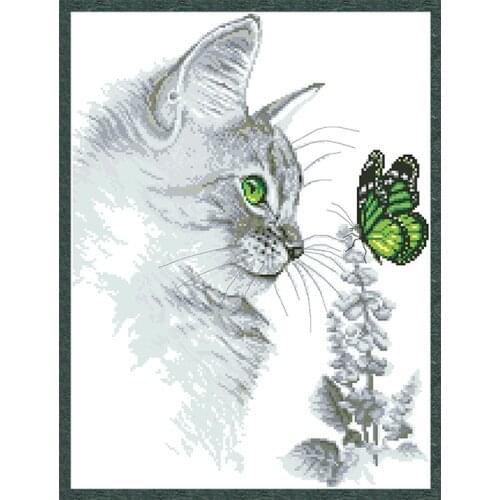 Cat and Butterfly（2）Cross Stitch Pattern Kits Printed Canvas 11CT 14CT Needlework Sets DIY Animal Embroidery Home Decor Painting