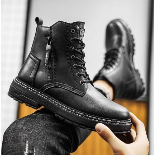 2021 Spring and Autumn New Martin Boots Mens High-top Trend Boots Zipper Military Boots British Style Black Mens Leather Boots