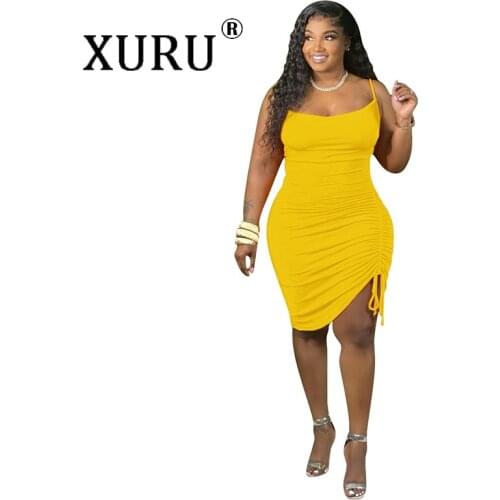 XURU Sling Unilateral Pleated Dress Sexy Summer Dress European and American Womens White Yellow Sexy Dress