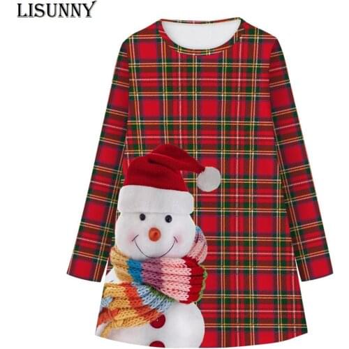 Girls Dresses 2021 Spring Autumn Polyester Christmas Plaid Snowman Digital Print Kids Long Sleeve lattice Princess Dress 7-12y