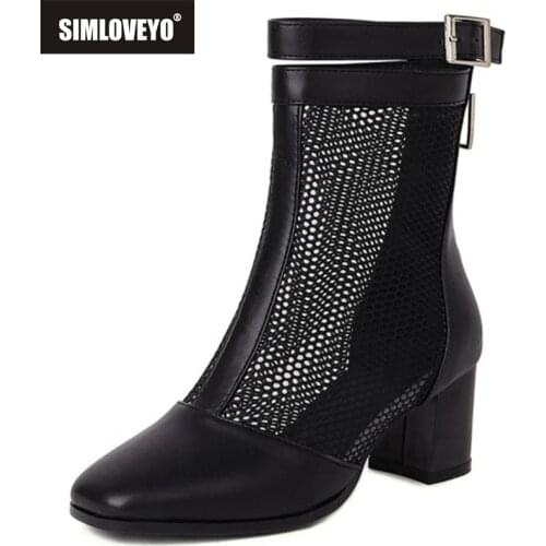 SIMLOVEYO 2021 New Fashion Ankle Zipper Boots PU Buckle Mesh Female Summer Round Toe 6cm Square High Heel Size 33-43 Black White