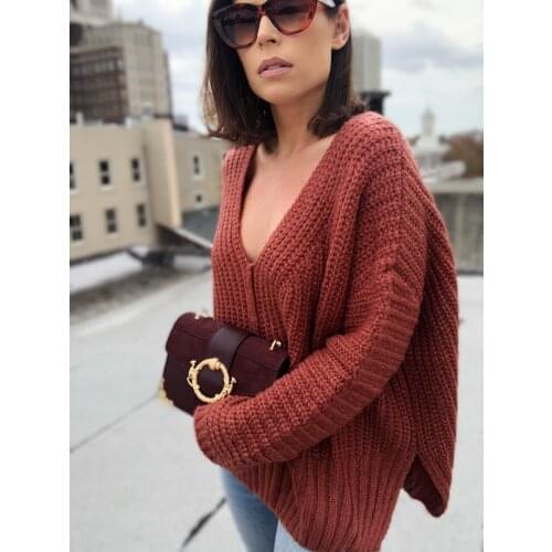 2020 autumn and winter new sweater European and American solid color V-neck side slit loose and thin knitted top