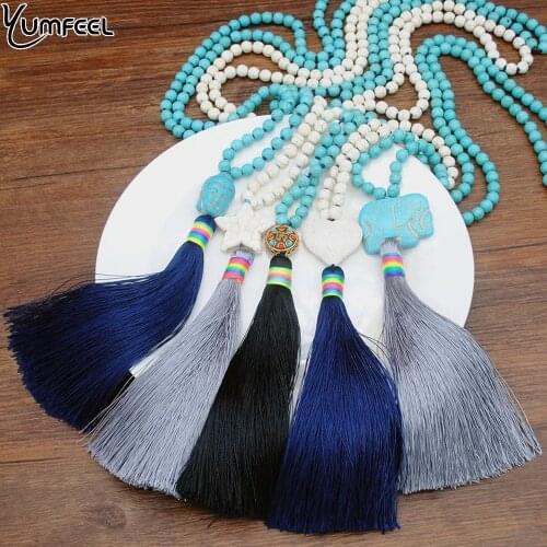 Yumfeel Brand Necklace Hand Knotted Turquoise Stone Jewelry Long Tassel Pendants Necklace Bohemian Beach Jewelry Gifts