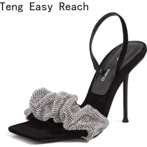 Women High Heel Sandals Real Leather Rhinestone Women Summer Sandals Fashion Sexy Party Shoes Women Footwear Size 34-41