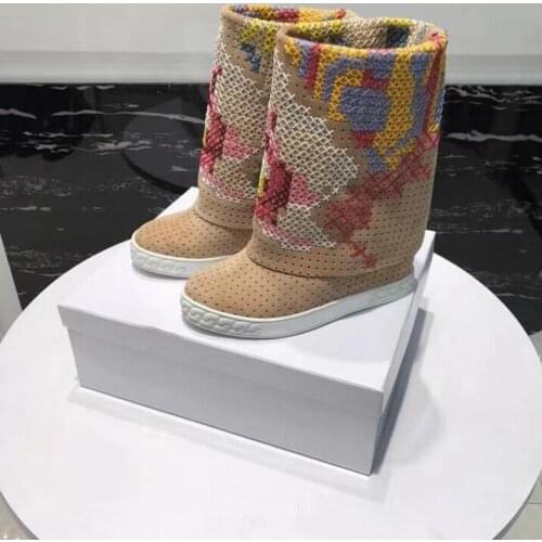 New Arrivals Fold Over White Knee High Boots Round Toe Height Increasing Embroidery Rubber Boots For Women Slip-on Shoes
