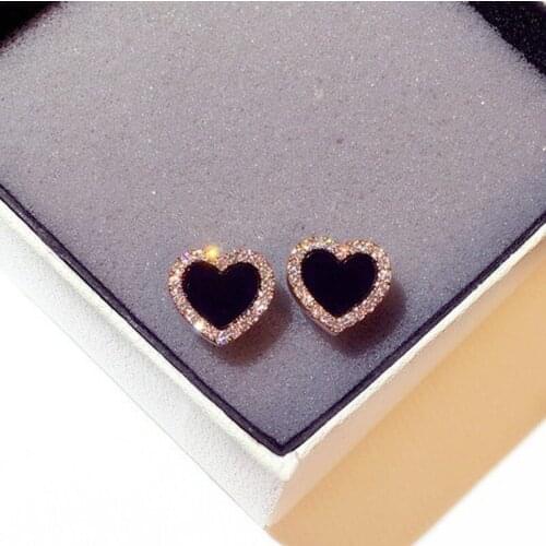Engagement Enamel Heart Stud Earrings for Women Girls Rose Gold Color Summer Jewelry Black Earring Wedding Gifts