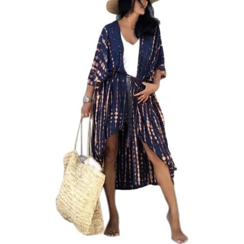 Women Summer Swimsuit Bikini Cover Up 3/4 Sleeves Tie-Dye Striped Printed Open Front Kimono Cardigan Belted Waist Maxi Dropship