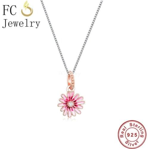 Pure 925 Sterling Silver Rose Gold Daisy Pink Enamel Flower Pendant Necklace For Women Girl Chain Choker Trinket 2021 Summer DIY