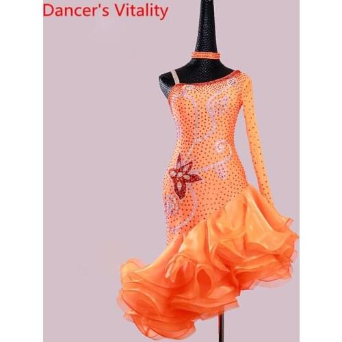 Adult Slap-up Sexy Latin Dance Diamond Cut out Dress Performance Race Costume Professional Rumba Cha Cha Dancing Stage Wear