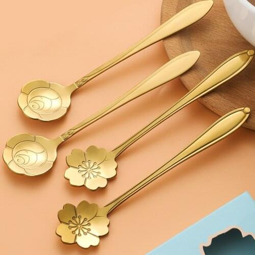2pcs Hot Stainless Steel Flower Spoon Gold/Silver Spoon Stirring Spoon Elegant Coffee Tea Dessert Flower Spoon European Style