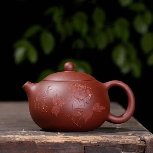 370ML Yixing Purple Grit Teapot Health Zi Mud Raw Ore Black Tea Pot Handwork Sculpture Flower Pattern Dahongpao Tea Art Kettles