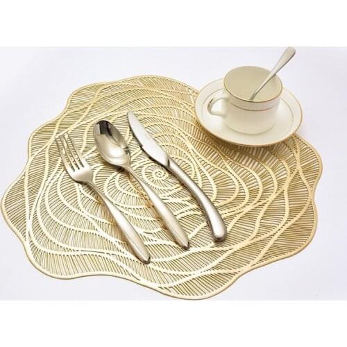 Gold Large Placemat for Kitchen Dining Table Decoration Pad Coasters Rose Flower Shaped Hollow PVC Heat Insulation Table Mat