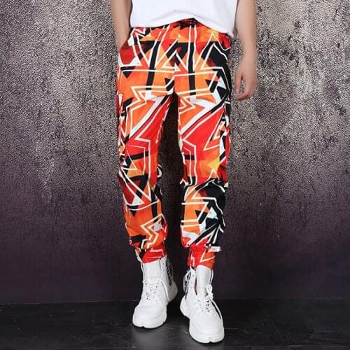 Mens Clothing Printed Casual Pants Man Baggy Overalls Multi-Pocket Pencil Pants Tide Men Streetwear Hip Hop Pants Stage Clothing