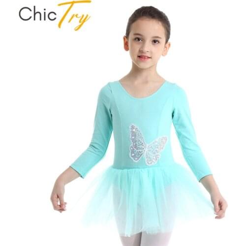 ChicTry Kids Butterfly Sequin Ballet Tutu Tulle Dance Dress Girls Cotton Long Sleeve Ballet Leotard Children Stage Dance Costume