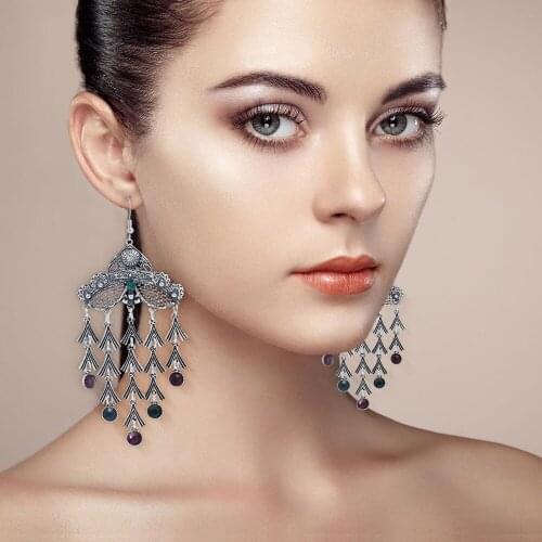 Ethnic Bohemian Silver Color Big Drop Dangle Long Metal Fringes Earring Geometric Hollow tassel Earrings for Women Party Jewelry