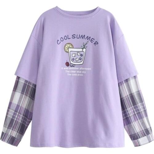 Long-sleeved Fake Two-piece Iris Purple T-shirt Womens 2021 Autumn New Korean Version Loose Printing All-match Student Top goth