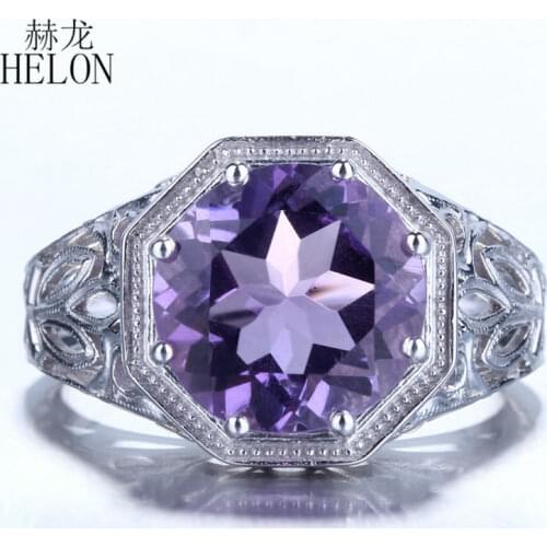 HELON Sterling Silver 925 Flawless Round 10mm Natural Amethyst Engagement Wedding Ring Women Vintage Fine Jewelry Best Gift