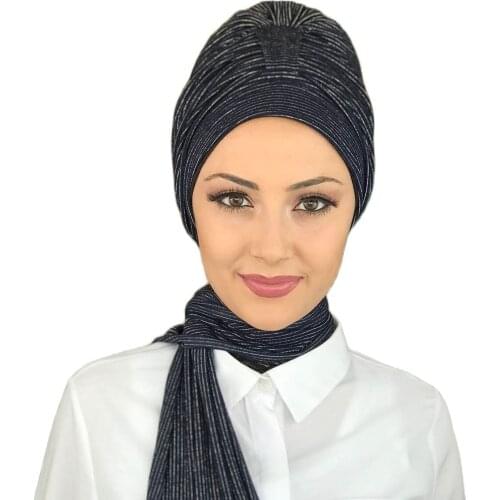 Islamic Fashion Muslim Hijab Lady Hijab 2021 Trend Scarf Bone Beanie Ready Shawl Scarf Buckle Hat Navy Blue Scarf Bone
