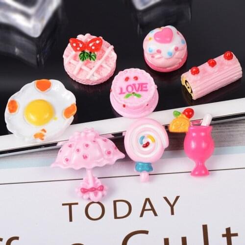 Kawaii Pink Color 3D Resin Cabochons 10pcs Cute Food Strawberry Fruit Cake Drink Cup Lollipop Cameo Patch Sticker
