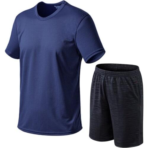 Short sleeve mens mesh t-shirt + shorts suit Summer solid color plus size xxxxL sports suit ice silk short sleeve