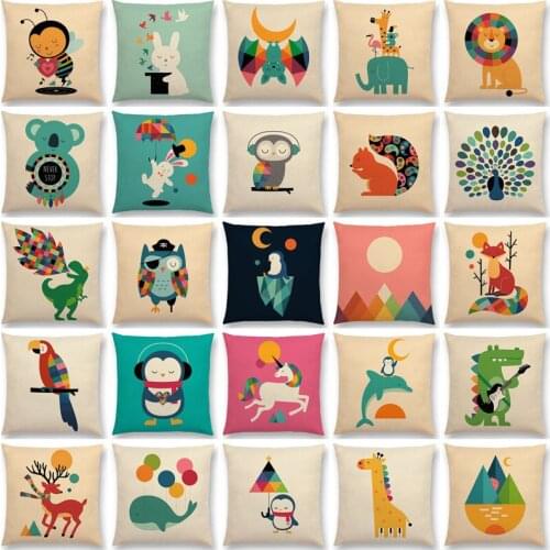 Colorful Cute Unicorn Cartoon Animals Cushion Cover Penguin Giraffe Whale Deer Bunny Parrot Bee Dolphin Sofa Throw Pillow Decor