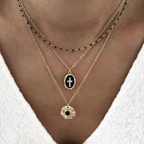 Tocona Multi-layer Retro Cross Pendant Necklace for Women Black Beaded Gold Chain Choker Geometric Bohemian Jewelry B25105