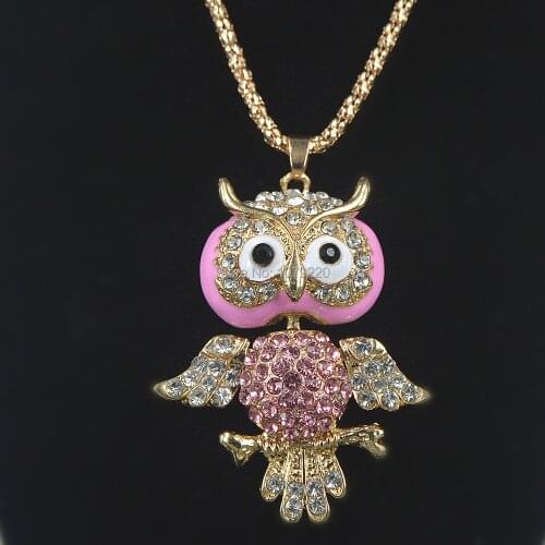 Fashion Crystal Owl Necklace Gold Pendant Necklace Bead Sweater Chain Necklace Women Rhinestone Long Necklace Jewelry Gift