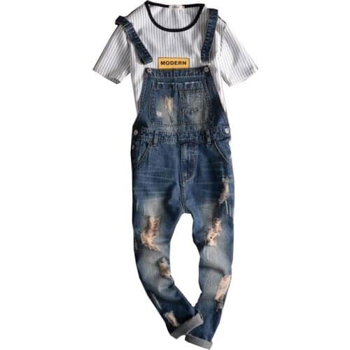 2020 New Male Suspenders New Casual Light Blue Denim Overalls Ripped Jeans Pockets Mens Bib Jeans Boyfriend Jumpsuits Size 5XL