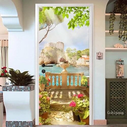 3D Sea Landscape Oil Painting Door Sticker Mural Wallpaper Pvc Self-Adhesive Waterproof Door Decoration Papel De Parede Stickers