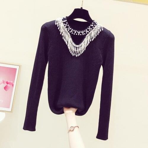 2021 Spring Winter New Slim-Fit Beaded Tassel V-neck Underwear Knitted Top Womens All-Match Black Knit Shirt Girls Sweater Coat