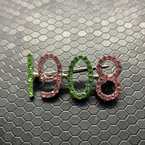 New Fashion pink green rhinestone inlaid number 1908 metal charm brooch ALPHA sorority society jewelry pin