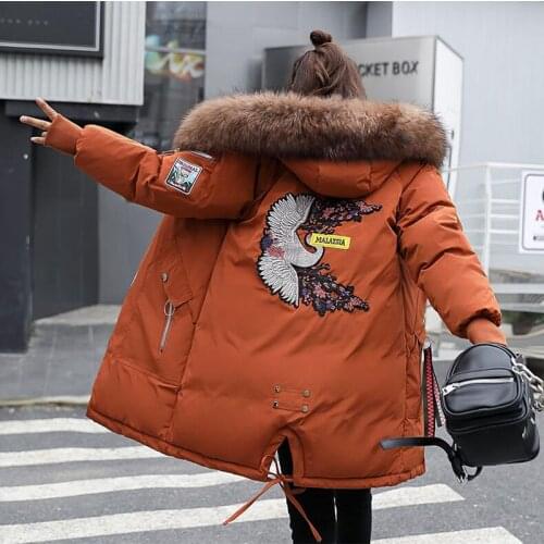 New Women Winter Large Fur collar embroidery Parkas Female casual bio cotton Coat Wadded Winter Jackets Outwear big Size XS-3XL