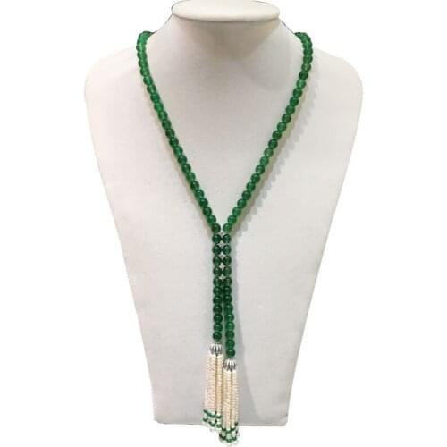 Super beautiful natural 8mm green jade freshwater pearl tassel necklace