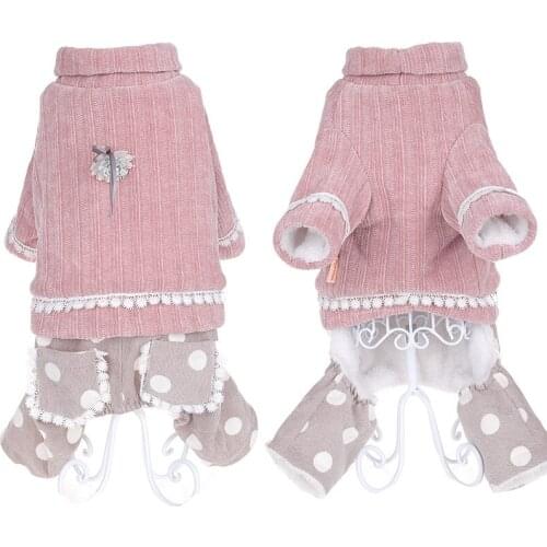 Dog Clothes Clothing High Collar Pink Jumpsuit with Flower Pattern for Small Dogs Puppy Cat Warm Costume Autumn Winter Coat