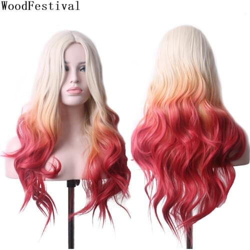 WoodFestival Middle Hairline Synthetic Long Wavy Hair Wig Female Cosplay Colored Wigs For Women Red Pink Green Blue Brown Purple