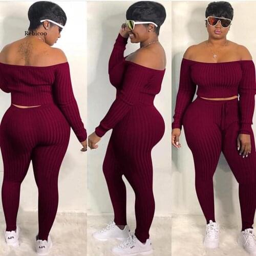 Sexy Plus Size Two Piece Set Jumpsuit Off Shoulder Crop Top+Lace Up Pants Tracksuit Fall Fashion Streetwear Matching Set