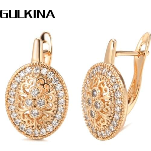 Gulkina Luxury Wedding Zircon Stud Earrings Hollow Flowers Oval Earrings Beautiful For Women 585 Rose Gold Engagement Jewelry