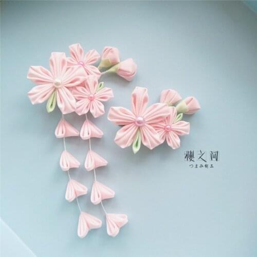 Pink Sakura Hairpin Hair Clip Tsumami zaiku for Kimono Geisha Hanfu Flower Barrettes Tassel Handwork Hair Accessories Cosplay