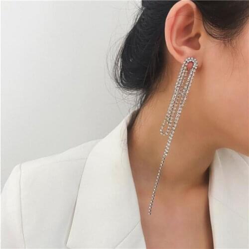 Korean Fashion Earrings New Cool Style Net Red Chain Crystal Tassel Temperament Long Exaggerated Earrings Womens Clothing
