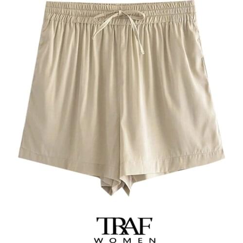 TRAF Za Women Fashion Side Pockets Soft Touch Shorts Vintage High Elastic Waist Drawstring Female Shorts Mujer